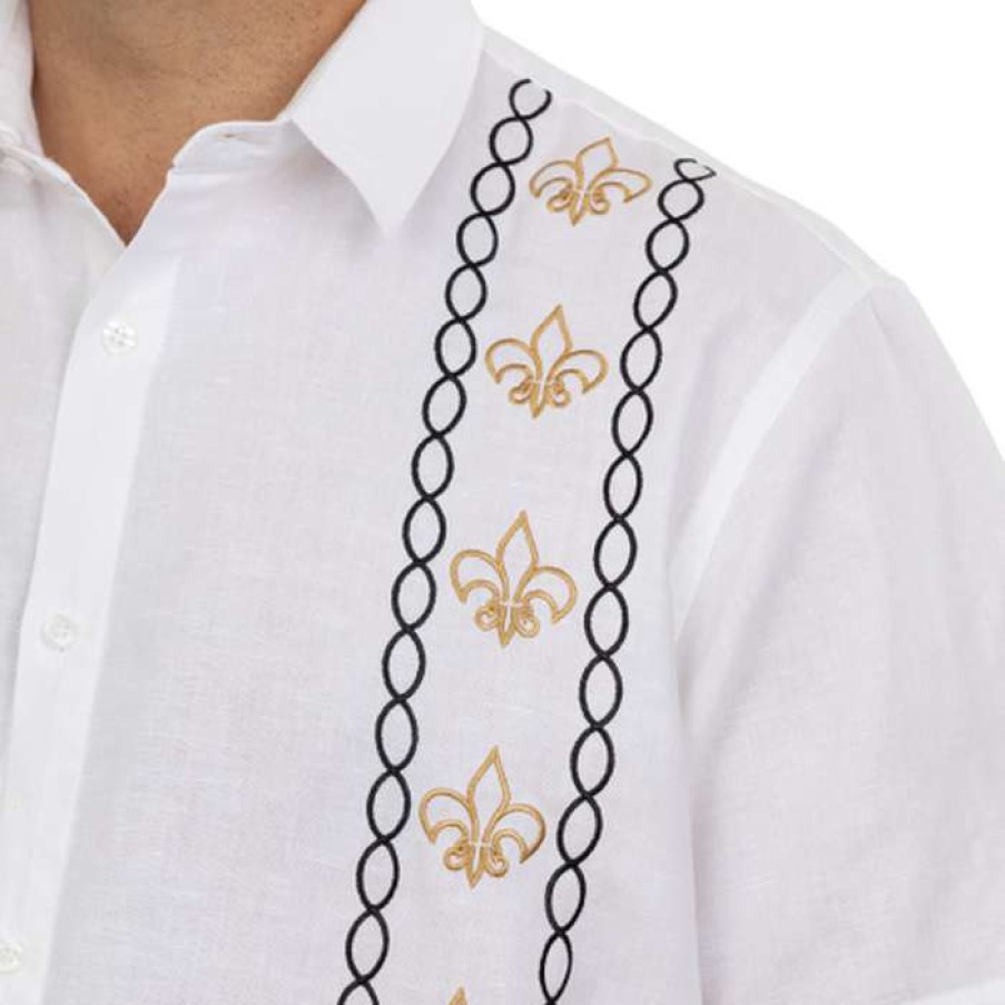 Men * | Sale Black And Gold Cotton/Linen Fleur De Lis Sport Shirt White