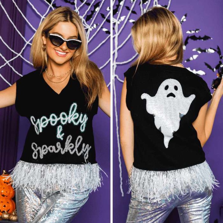 Women * | Latest Ladies Spooky & Sparkly Sweater Tank By Queen Of Sparkles Black/White