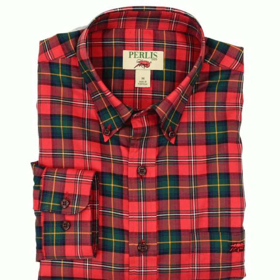 Crawfish * | 100% Guarantee Crawfish Holiday Tartan Standard Fit Sport Shirt Red