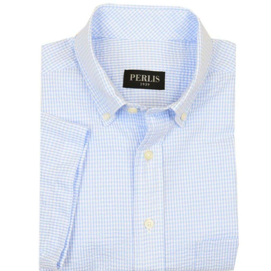 Men * | Discounts Perlis 1939 Seersucker Check Sport Shirt Cornflower