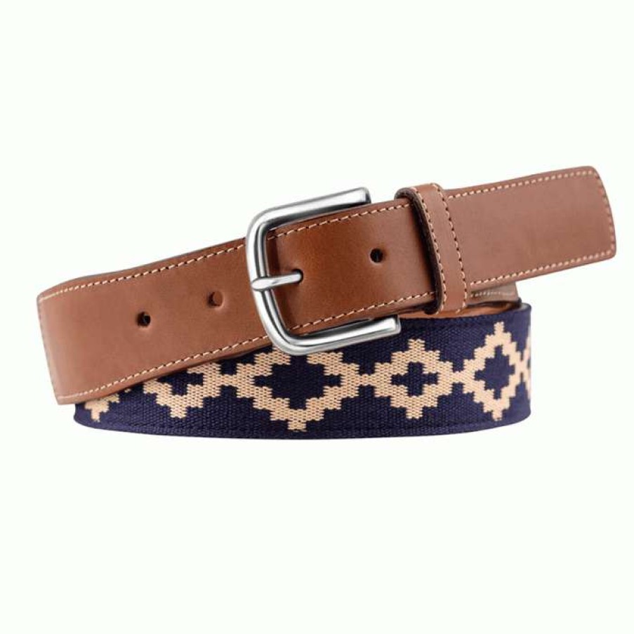 Men * | Lower Prices Corbina Cognac Leather Woven Belt By La Matera Navy/Khaki