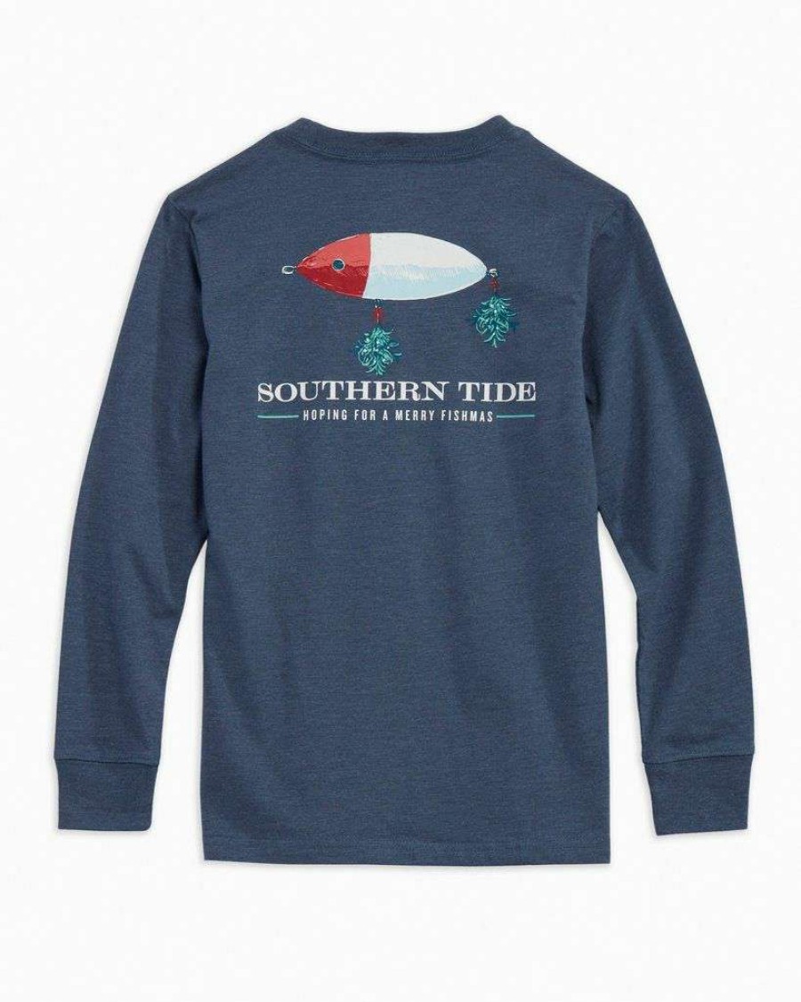 Kids * | 100% Guarantee Youth Merry Fishmas Heather Tee By Southern Tide Heather Light Indigo