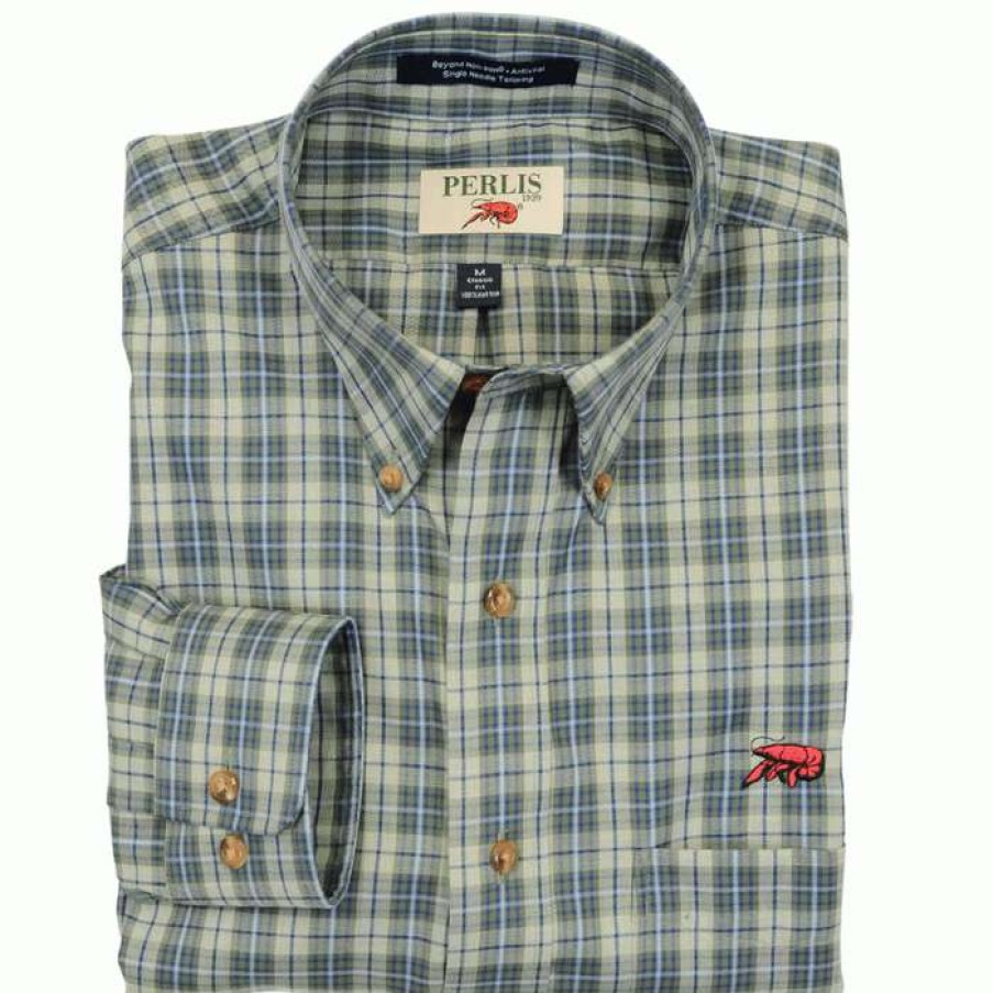 Crawfish * | Latest Crawfish Mini Plaid Wrinkle Free Classic Fit Sport Shirt Olive