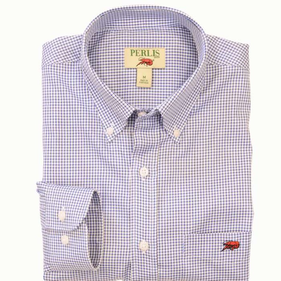 Crawfish * | Good Quality Crawfish Mini Check Standard Fit Sport Shirt Navy