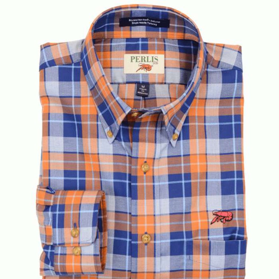 Crawfish * | Latest Crawfish Framed Check Wrinkle Free Classic Fit Sport Shirt Rust/Blue