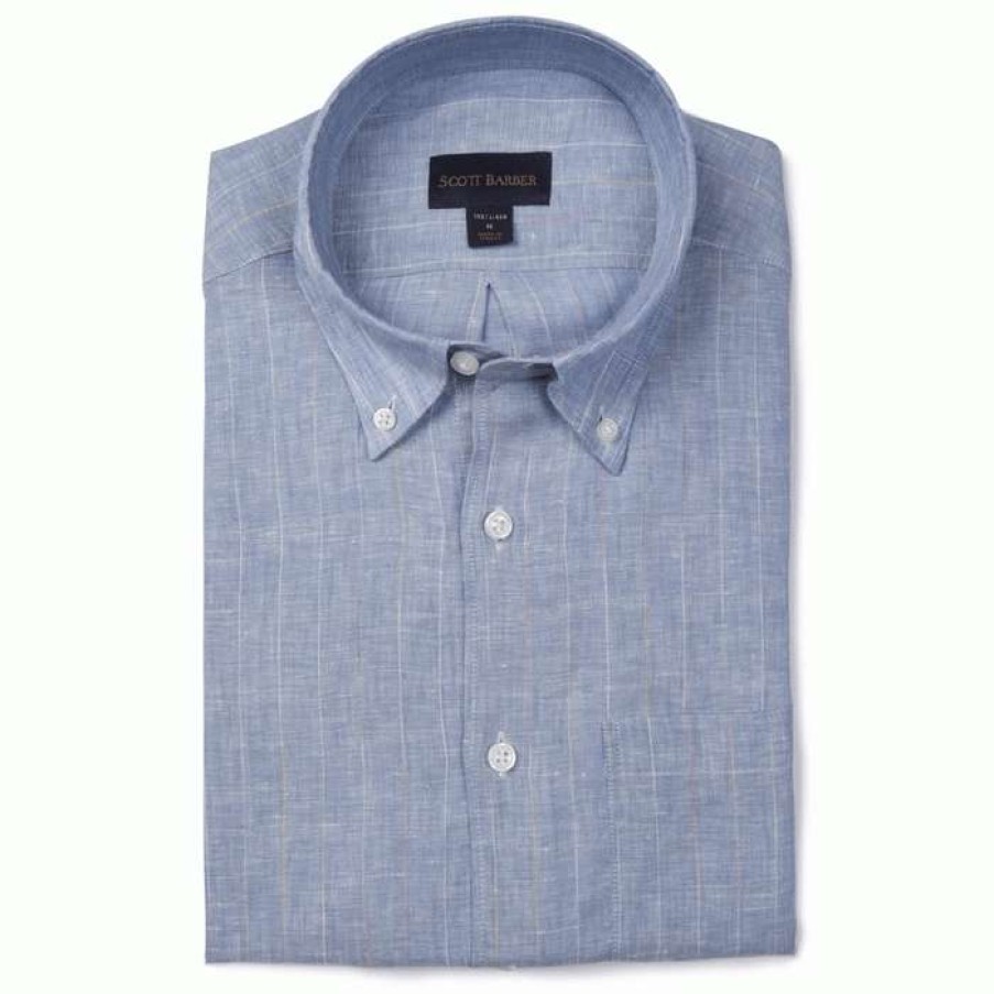 Men * | Top Selling 100% Linen Chalk Stripe Sport Shirt By Scott Barber Blue