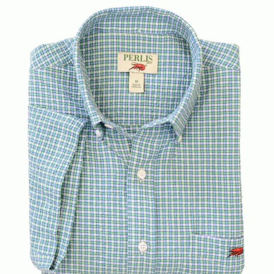 Crawfish * | Sale Crawfish Seersucker Mini Check Standard Fit Sport Shirt Green