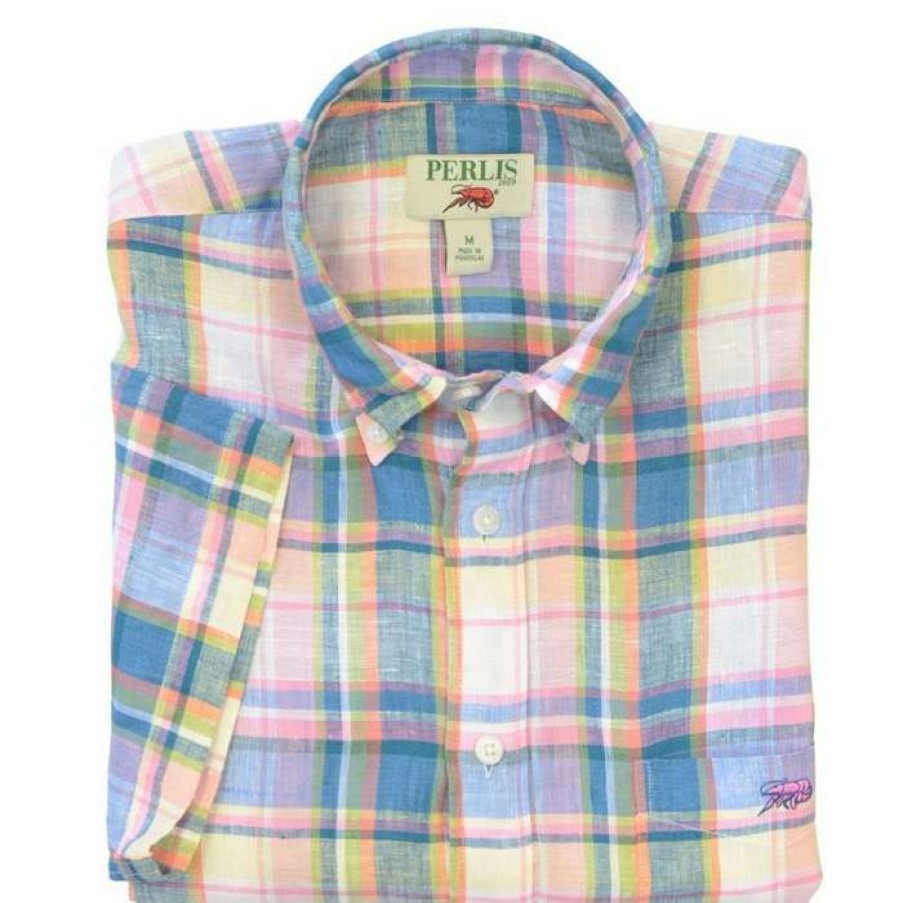 Crawfish * | Official Crawfish Washed 100% Linen Plaid Standard Fit Sport Shirt Blue/Pink