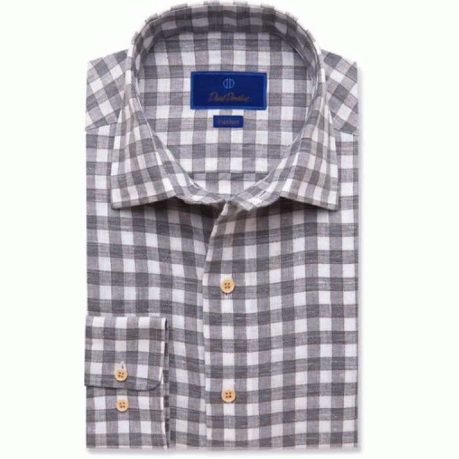 Men * | Good Quality 78% Linen Textured Gingham Sport Shirt By David Donahue