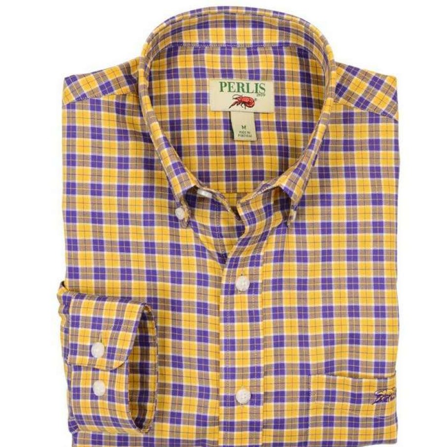 Crawfish * | Official Crawfish Purple & Gold Check Standard Fit Sport Shirt Purple/Gold