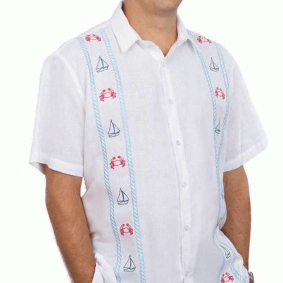 Men * | Lower Prices Sailboats & Crabs Cotton/Linen Camp Shirt By Dat Mambo White