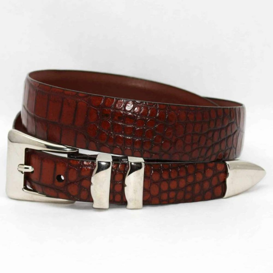 Men * | Clearance Tipped Alligator Embossed Calf Skin Belt Cognac