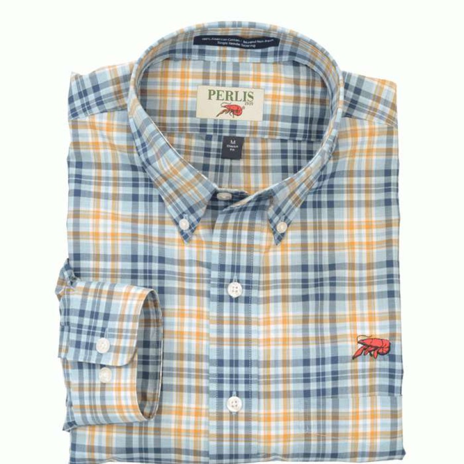 Crawfish * | Discounts Crawfish Plaid Wrinkle Free Classic Fit Sport Shirt Navy/Orange