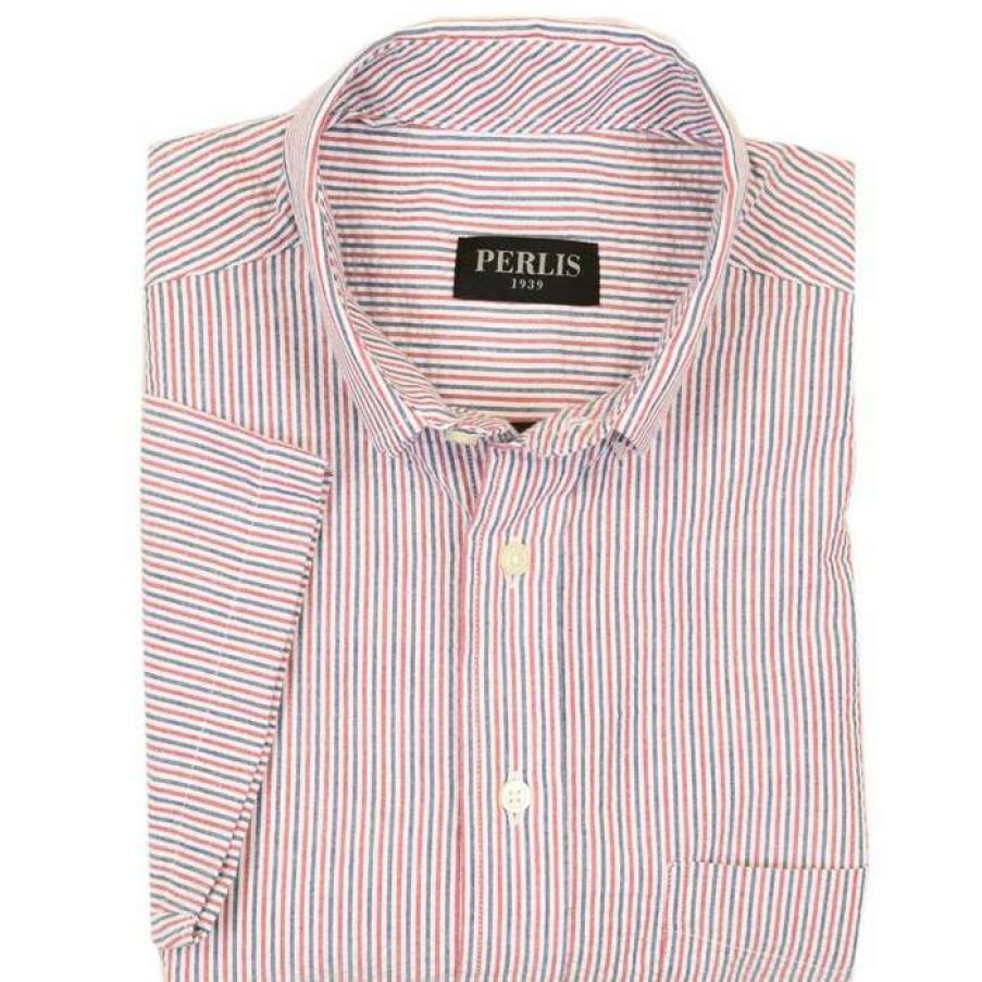 Men * | Hot Selling Perlis 1939 Usa Seersucker Sport Shirt Red/Wht/Blue