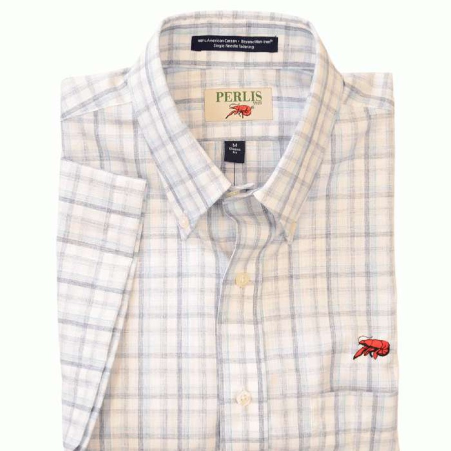 Crawfish * | Classical Crawfish Slub Check Wrinkle Free Classic Fit Sport Shirt Blue