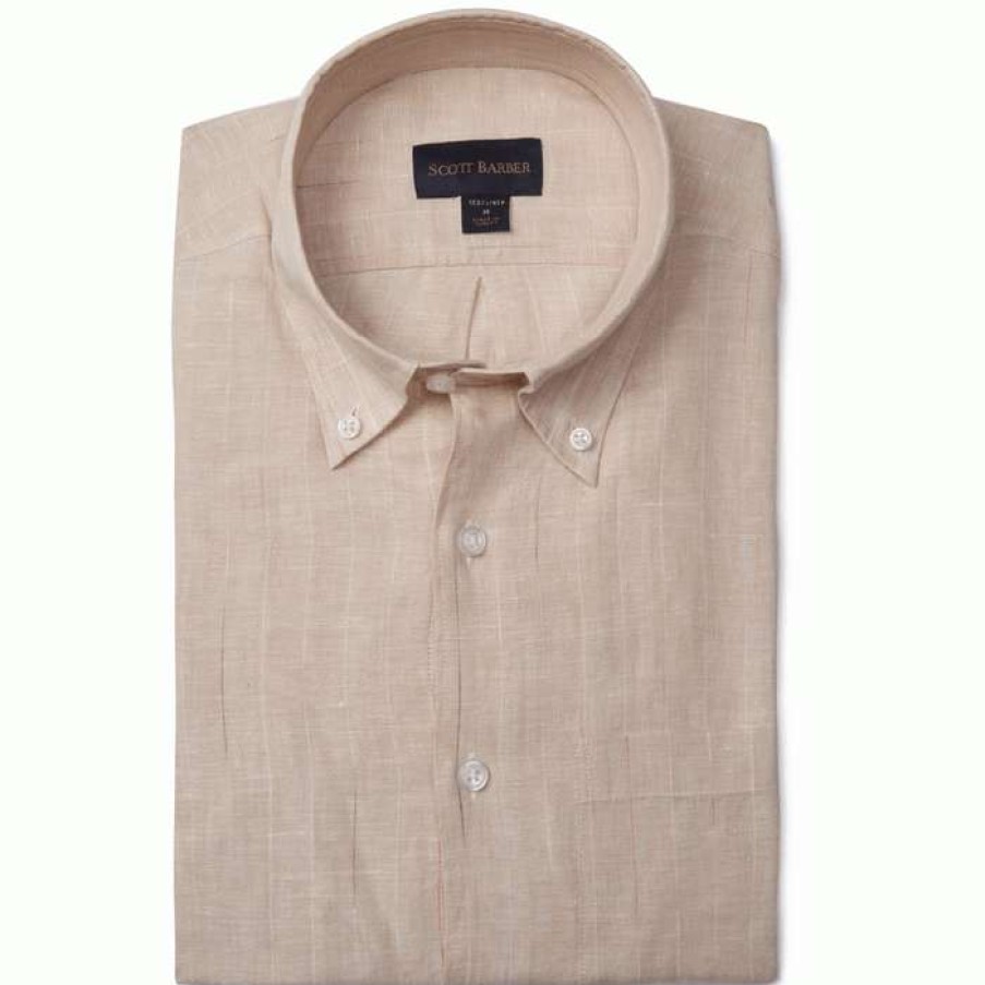 Men * | Clearance 100% Linen Chalk Stripe Sport Shirt By Scott Barber Khaki