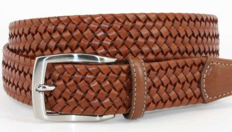 Men * | Best Quality Woven Stretch Leather Belt By Torino Cognac