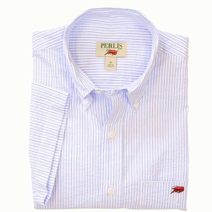 Crawfish * | Best Quality Crawfish Seersucker Stripe Standard Fit Sport Shirt Blue