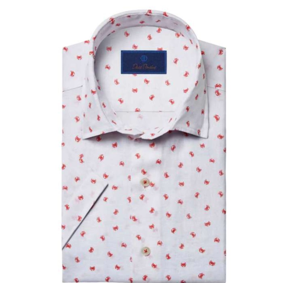 Men * | Best Quality Crab Print Cotton & Linen Sport Shirt By David Donahue White/Red