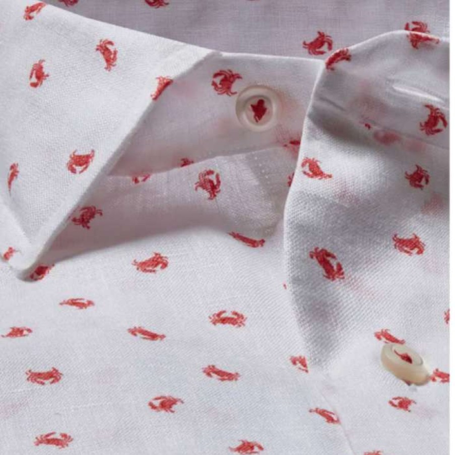 Men * | Best Quality Crab Print Cotton & Linen Sport Shirt By David Donahue White/Red