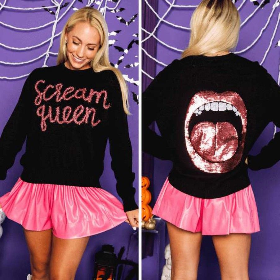 Women * | Official Ladies Scream Queen Sweater By Queen Of Sparkles Black/Pink