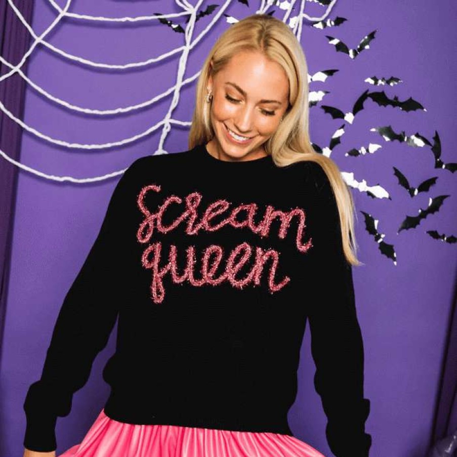 Women * | Official Ladies Scream Queen Sweater By Queen Of Sparkles Black/Pink