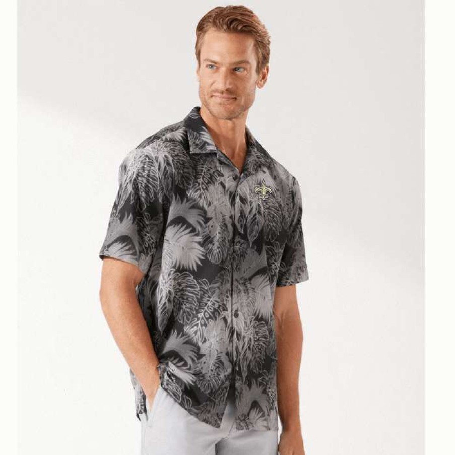 Men * | Official Saints Fronds Coast Camp Shirt By Tommy Bahama Black