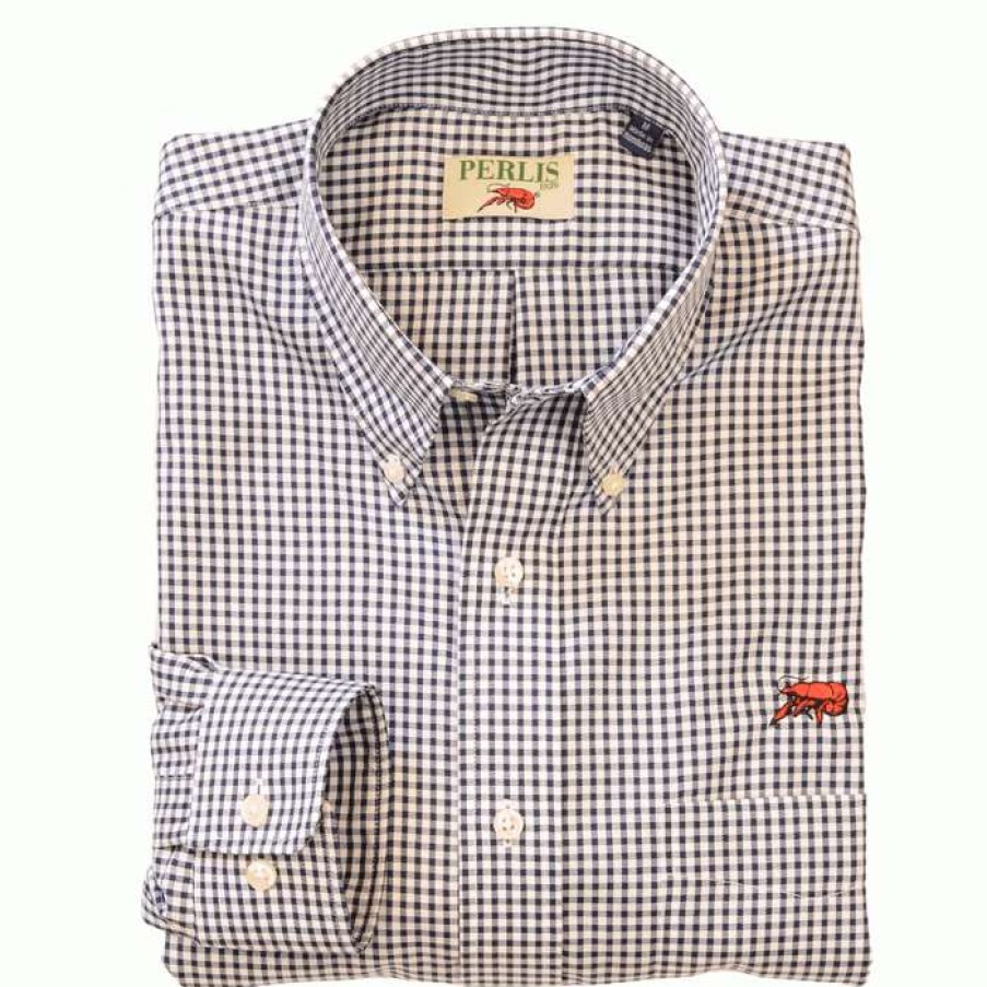 Crawfish * | Best Quality Crawfish Mini Check Wrinkle Free Classic Fit Sport Shirt Navy