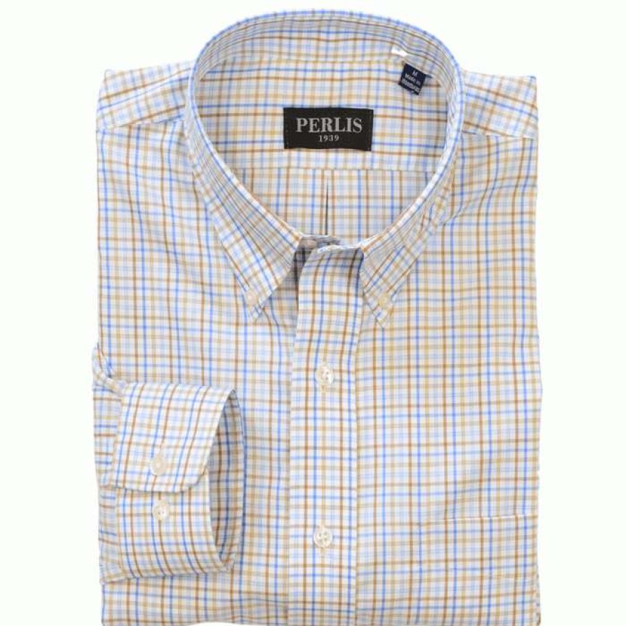 Men * | Hot Selling Perlis 1939 Tan & Blue Wrinkle Free Classic Fit Sports Shirt Tan/Blue