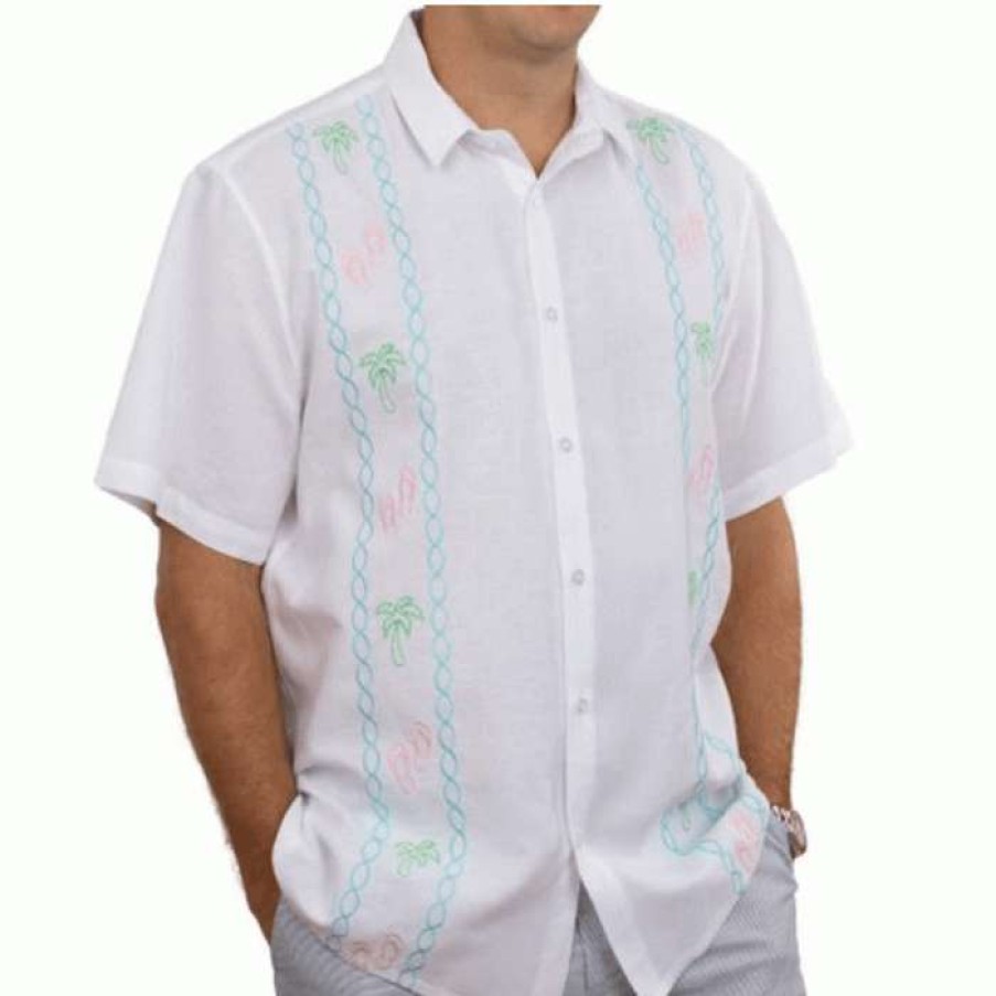 Men * | Best Quality Palm Trees & Flip Flops Cotton/Linen Camp Shirt By Dat Mambo White