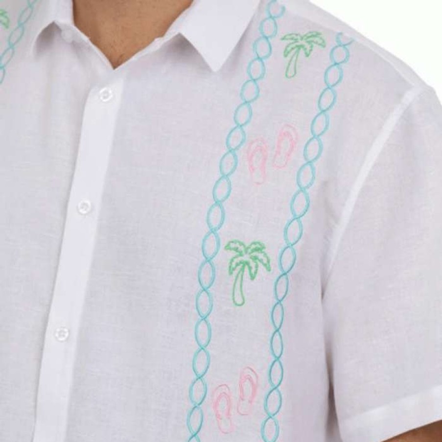 Men * | Best Quality Palm Trees & Flip Flops Cotton/Linen Camp Shirt By Dat Mambo White