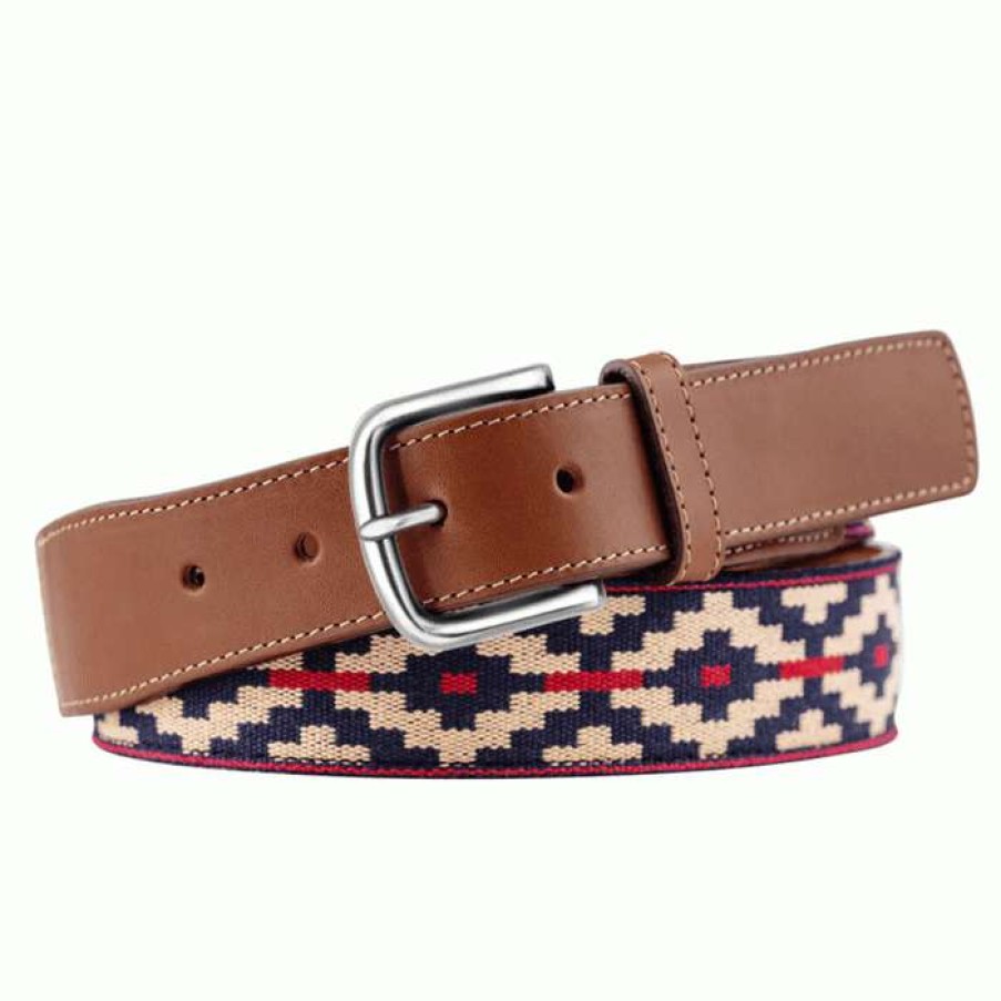 Men * | Best Price Trucha Cognac Leather Woven Belt By La Matera Navy/Khaki/Red