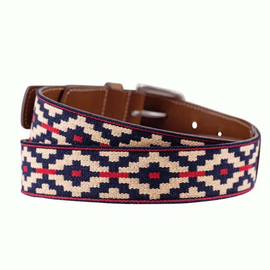 Men * | Best Price Trucha Cognac Leather Woven Belt By La Matera Navy/Khaki/Red