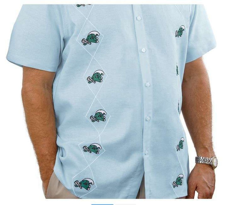 Men * | 100% Guarantee Green Wave Tulane Cotton/Linen Button Up Shirt Lt Blue