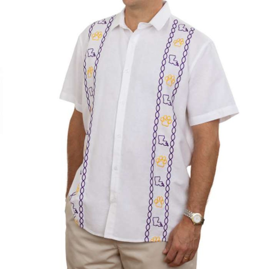 Men * | Classical Purple & Gold Tiger Cotton/Linen Sport Shirt White