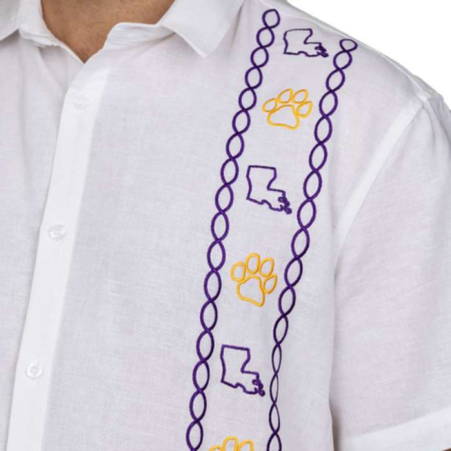 Men * | Classical Purple & Gold Tiger Cotton/Linen Sport Shirt White