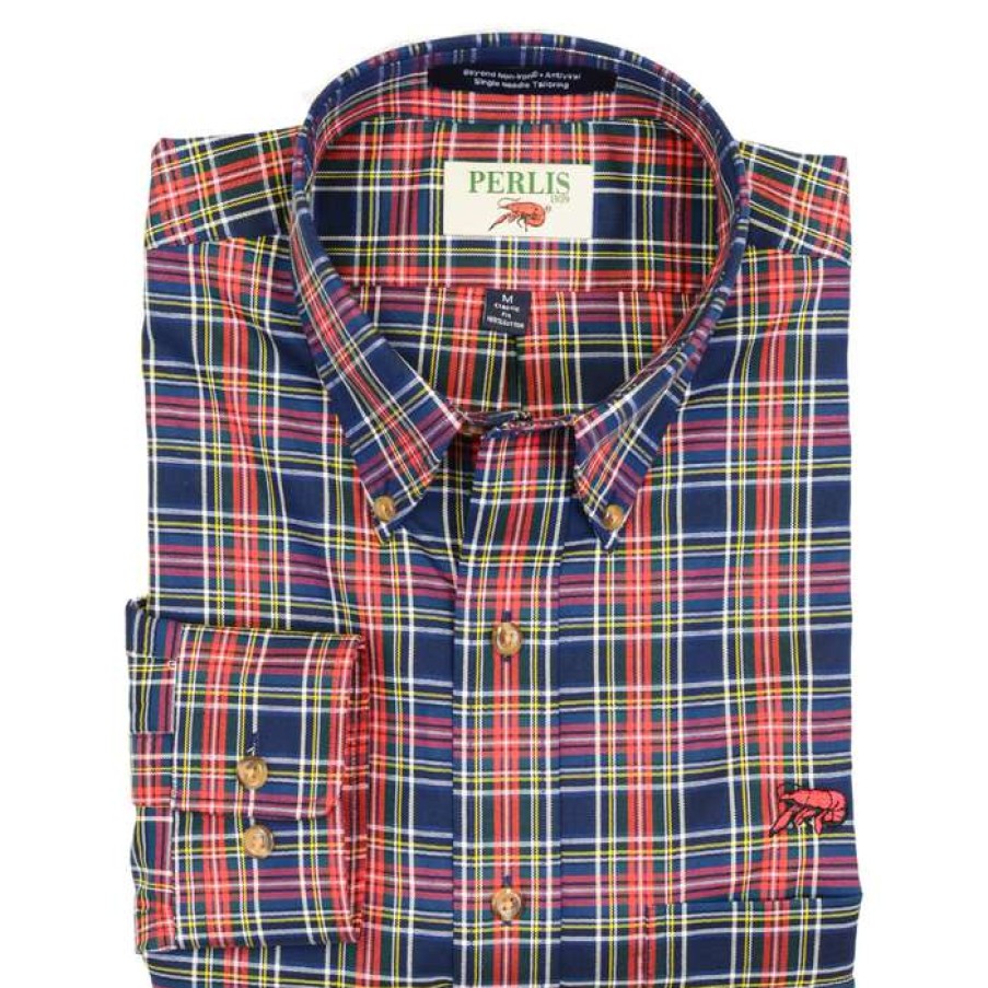 Crawfish * | Latest Crawfish Holiday Tartan Wrinkle Free Classic Fit Sport Shirt Navy/Red