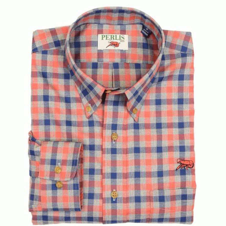 Crawfish * | 100% Guarantee Crawfish Heather Gingham Wrinkle Free Classic Fit Red/Navy