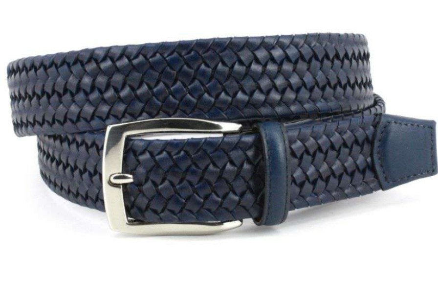 Men * | Classical Italian Woven Stretch Leather Belt By Torino Navy