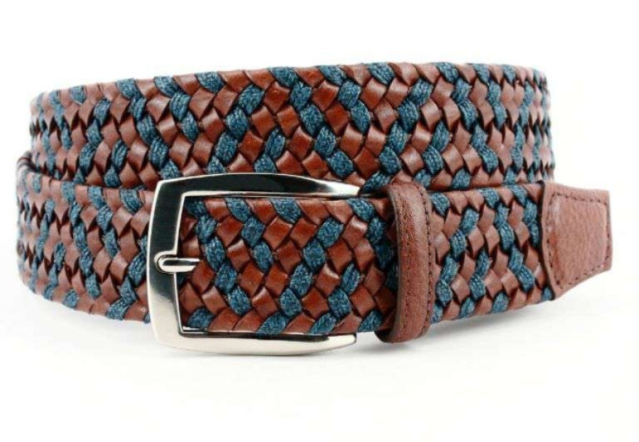 Men * | Best Quality Braided Leather & Linen Elastic Belt By Torino Cognac/Navy