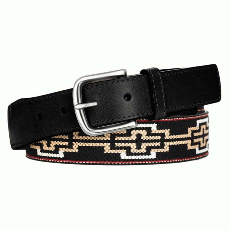 Men * | Lower Prices Cabellero Black Leather Woven Belt By La Matera Black/White/Khaki