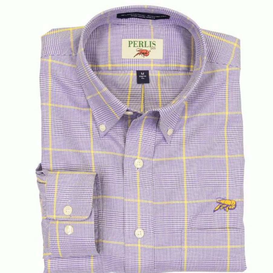 Crawfish * | Official Crawfish Game Day Glen Wrinkle Free Classic Fit Sport Shirt Purple/Gold