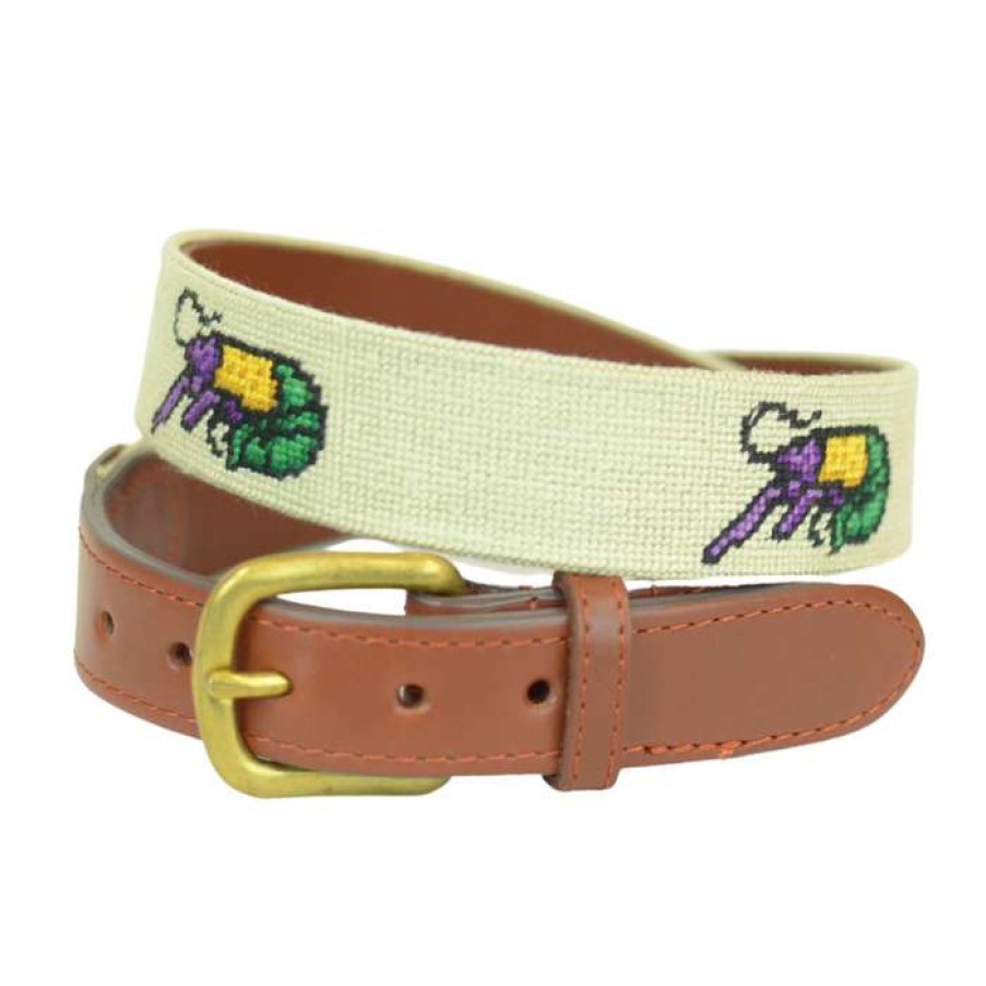 Men * | Latest Crawfish Tri Color Mardi Gras Needlepoint Belt Lt Khaki