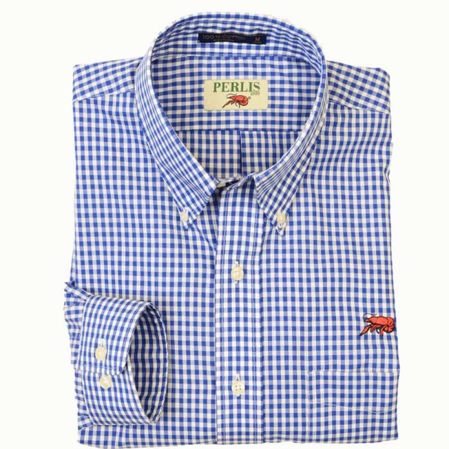 Crawfish * | 100% Guarantee Crawfish Gingham Wrinkle Free Classic Fit Sport Shirt Blue