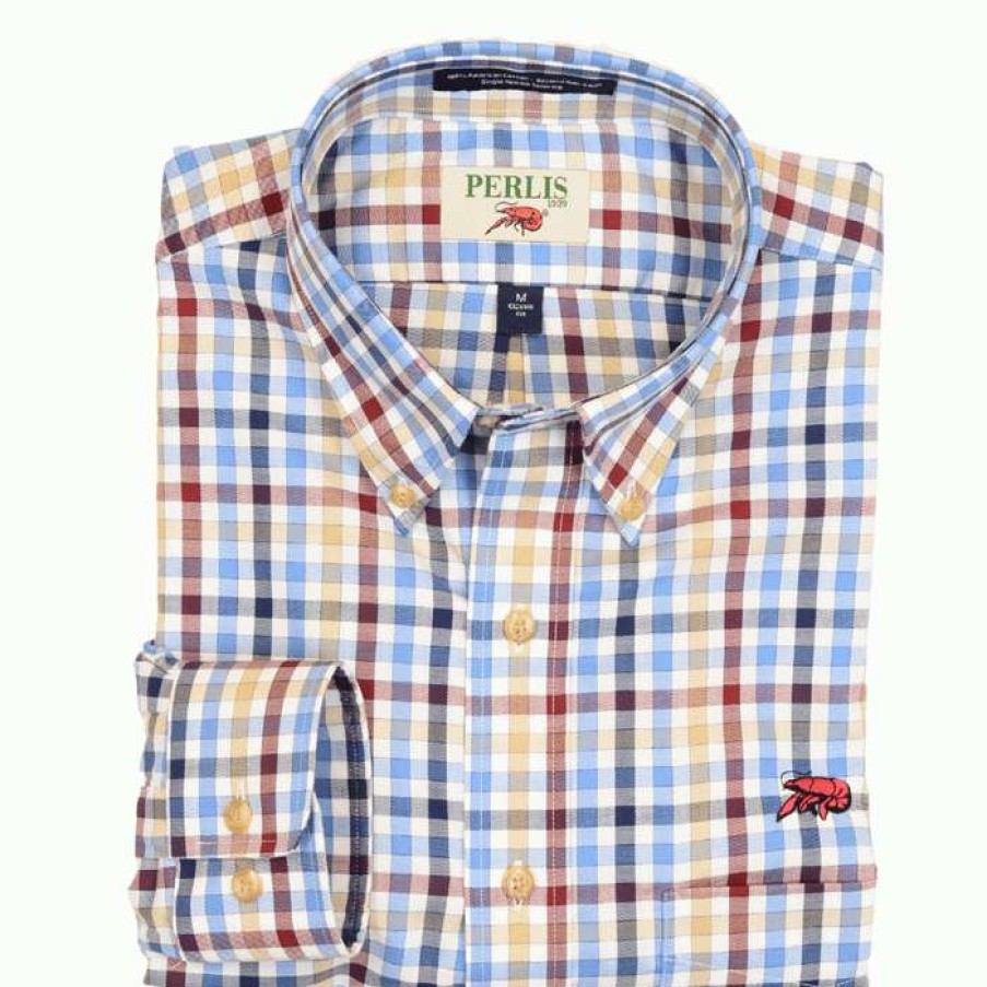 Crawfish * | Best Quality Crawfish Framed Gingham Wrinkle Free Classic Fit Sport Shirt Blue/Red