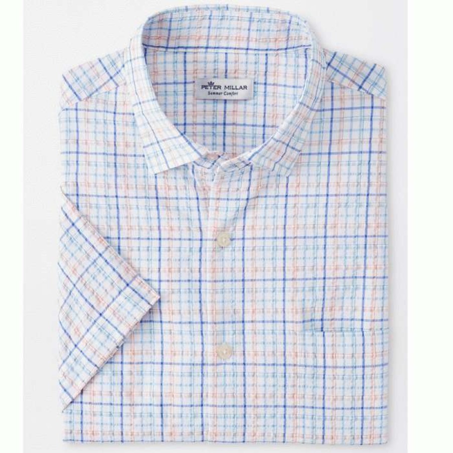 Men * | Best Price Panola Performance Seersucker Sport Shirt By Peter Millar Reef Blue