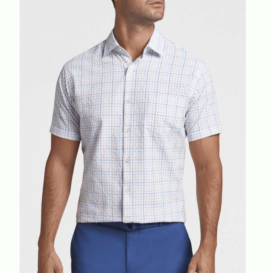 Men * | Best Price Panola Performance Seersucker Sport Shirt By Peter Millar Reef Blue