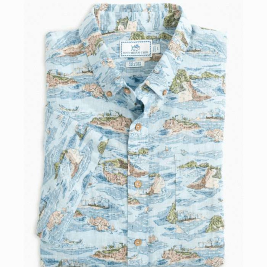 Men * | Top Selling Pierside Print Sport Shirt By Southern Tide Aquamarine