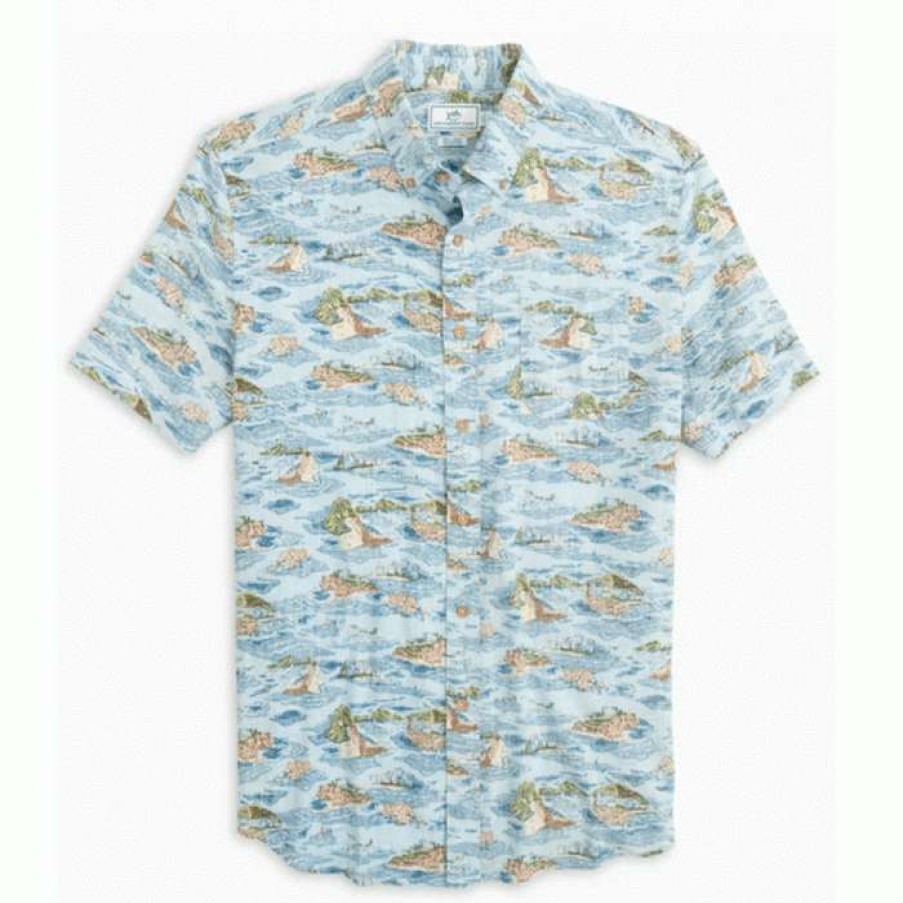 Men * | Top Selling Pierside Print Sport Shirt By Southern Tide Aquamarine