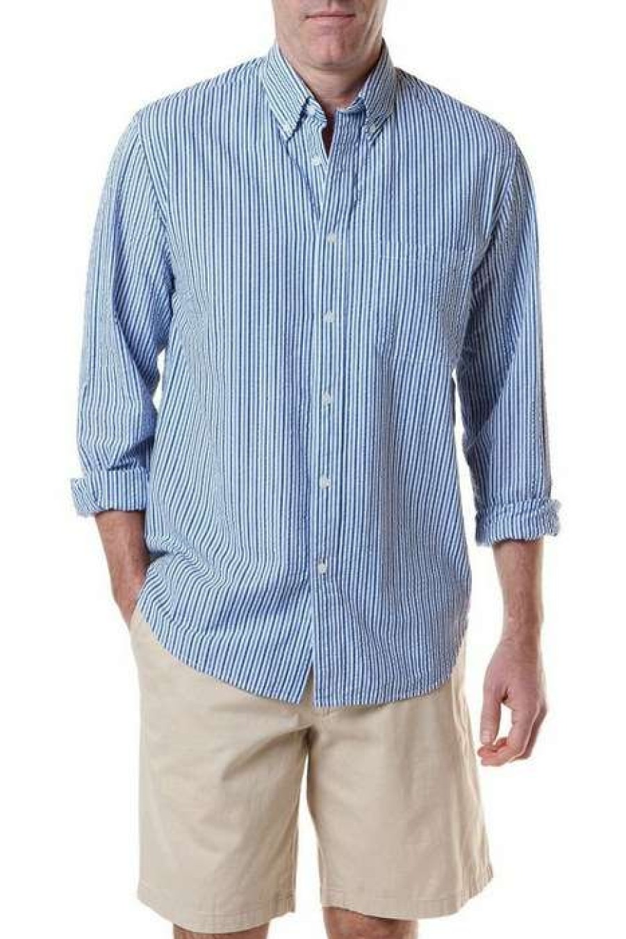 Men * | Sale Chase Seersucker Long Sleeve Sport Shirt By Castaway Royal/Navy